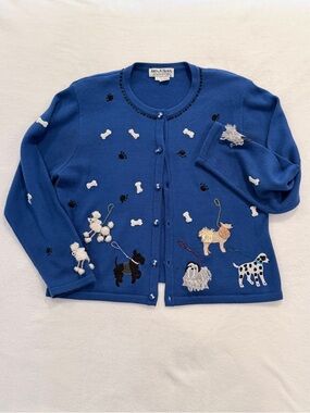 Jack B. Quick Dog Embroidered Cardigan Size Large Royal Blue Novelty Sweater
